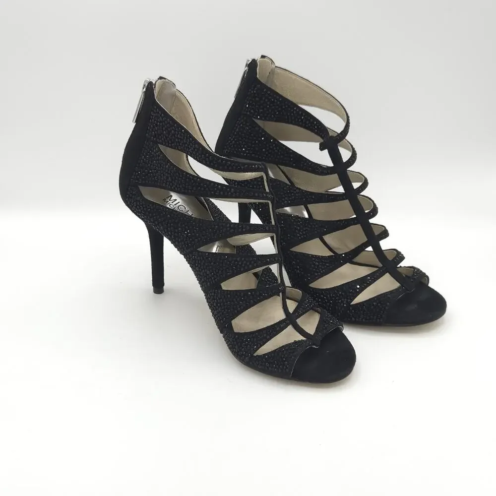 MICHAEL KORS Women's Caged Sparkle Heels Black Tan  Zip Up Stiletto Size 6